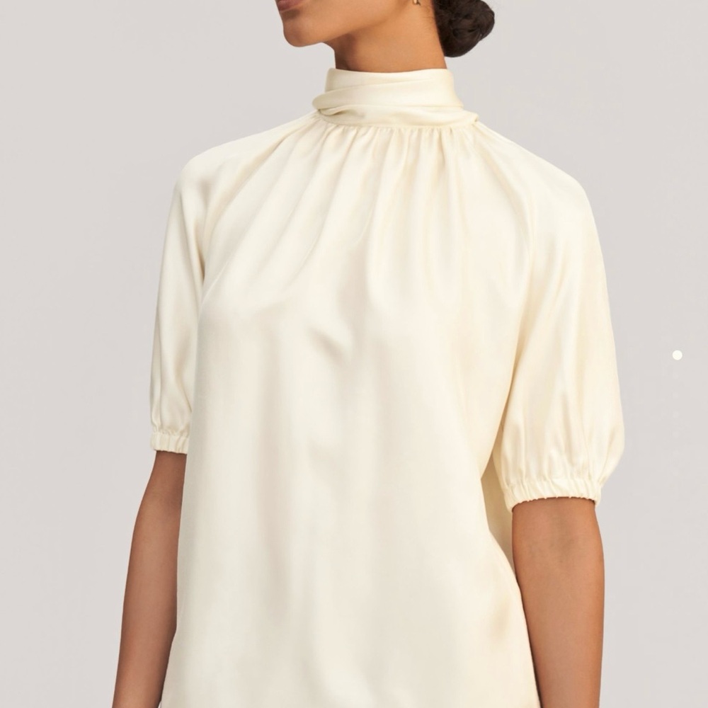 High-Neck Cream Blouse with Short Puff Sleeves